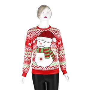 Christmas snowman 3D print sweatshirt with red geometric patterns and long sleeves