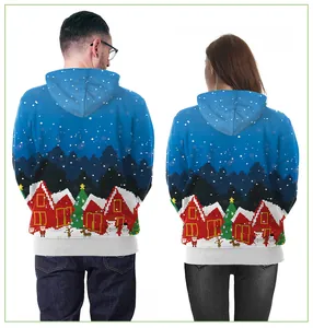 Back view of couple hoodies with 8-bit Christmas pixel art and royal blue print