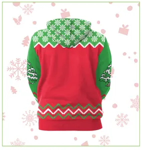 Dettaglio posteriore di felpa con cappuccio natalizia con stampe di Babbo Natale e alberi