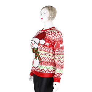 Red Christmas sweatshirt with 3D snowman and reindeer prints on a white mannequin