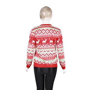 Back view of red and white Christmas sweater with reindeer and snowflake knit patterns