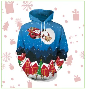 Detailed view of blue Christmas hoodie with pixel art Santa Claus and reindeer print