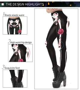 Dettaglio dei leggings a vita alta che mostra la stampa scheletro e il design rosa rossa