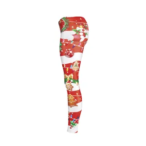 Christmas striped leggings featuring festive prints of stockings and gingerbread trees