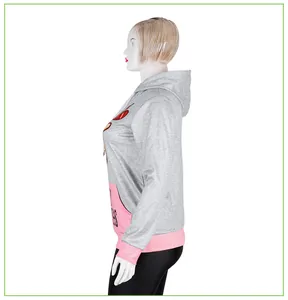 Detail view of women's grey hoodie featuring pink pocket stitching and drawstring hood