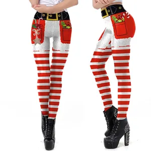 Women Christmas Santa Claus Print Leggings High Waist Red White Striped Slim Fit Elastic Sporty Pencil Pants For Holiday Party