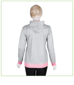 Detailed back view of grey hoodie with pink ribbed cuffs and hem and sleek hood design