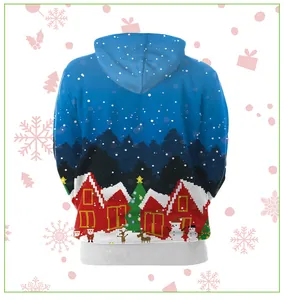 Back view of a Christmas hoodie featuring pixel art festive forest and Santa Claus graphics