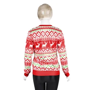 Red Christmas sweater with reindeer and snowflake patterns, back view on a mannequin