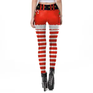 Women's Santa style red and white striped leggings with belt print for Christmas party