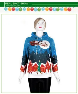 Detailed view of Christmas hoodie featuring Santa, reindeer, and snowy forest digital print