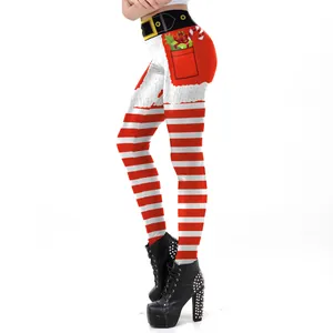 Christmas leggings with Santa belt print and red white stripes on a slim-fit model
