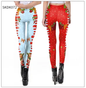 Detail of Christmas leggings showing festive squirrel and snowflake digital print