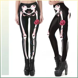 Pantaloni da Donna per Halloween con Stampa Scheletro e Rosa Leggings a Vita Alta Gothic Slim Fit Pantaloni Skinny Elastici Party Punk Moda