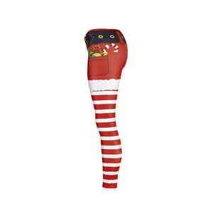 Women's Santa style leggings with red stripes and Christmas gift graphics