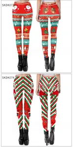 Detailed views of high-elastic Christmas leggings with Santa and reindeer digital prints