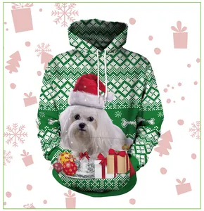 Détail du sweat à capuche de Noël 3D avec chien maltais, ornements et flocons de neige