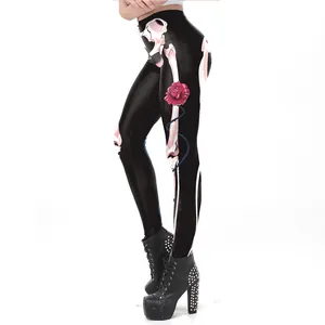 Leggings da donna per Halloween con stampa di teschio e rosa rossa, vestibilità slim