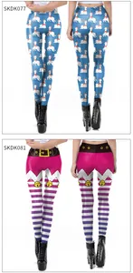 Detail of Christmas leggings featuring festive alpaca and elf digital prints on slim fit pants