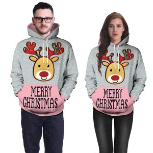 Christmas reindeer hoodie with pink kangaroo pocket and festive digital print for couples