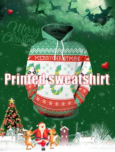 Close-up of 3D Christmas hoodie with reindeer prints, drawstring hood and large front pocket