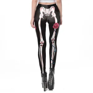 Leggings aderenti da donna con stampa scheletro e rosa rossa per costumi di Halloween