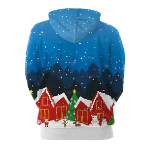 Women's Christmas hoodie featuring festive pixel art Santa and winter scenery on blue back