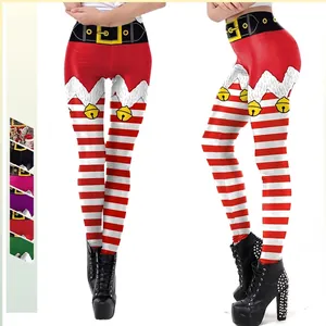 Feestelijke Dames Kerstmis Bedrukte Leggings Elf Gestreepte Strakke Broek Vakantie Feest Leggings Hoge Taille Elastische Broek Digitale Print Cosplay Broek