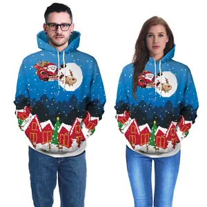 Blue Christmas hoodie featuring Santa Claus and reindeer print with a hooded drawstring design