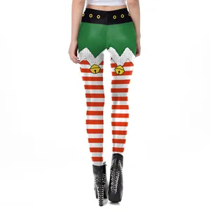 Kerst elf leggings voor dames met feestelijke rood-witte strepen en riemprint patroon