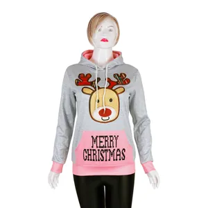 Women's grey hoodie with pink reindeer embroidery and Merry Christmas digital print