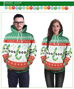 Detail of 3D Christmas hoodie featuring Merry Christmas print and reindeer motifs