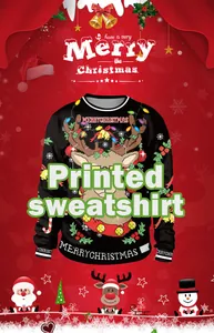 Detail view of Christmas reindeer print and Merry Christmas text on black sweatshirt