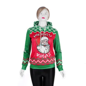 Felpa con cappuccio natalizia con stampa Babbo Natale e scritta Merry Xmas rosso-verde