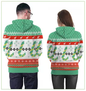 Detail of Christmas hoodie featuring 3D pixel reindeer and snowflake patterns on the back