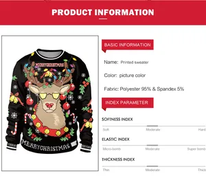 Detail view of black Christmas sweatshirt with reindeer print and fabric specifications