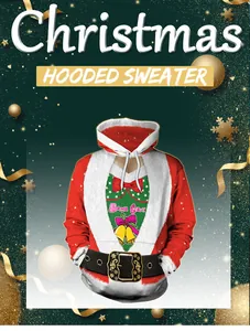 Detailed Santa Claus digital print on festive Christmas hoodie with belt and bell motifs