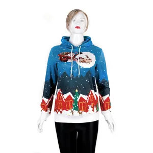 Women's blue Christmas hoodie with Santa Claus print and white drawstrings for holiday fashion