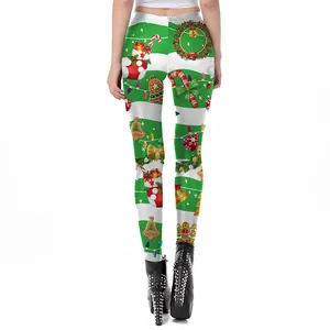 Women's Christmas leggings featuring festive prints and green white stripes on white background