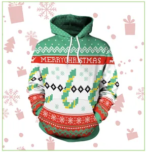 Close-up of 3D pixel art reindeer and Merry Christmas print on green festive hoodie