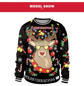 Detail of Christmas reindeer digital print and Merry Christmas text on black sweatshirt