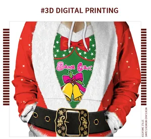 Detail of 3D digital Santa Claus print on red hoodie with festive bell and ribbon graphics