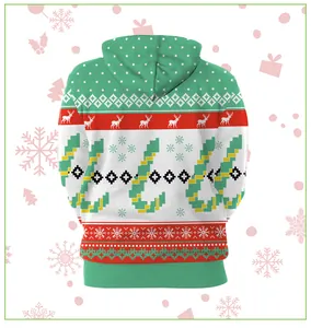 Detailed back view of a 3D digital print Christmas hoodie featuring festive elk patterns