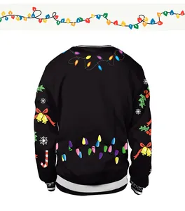 Close-up of Christmas reindeer print and black and white ribbed cuffs on a black sweatshirt