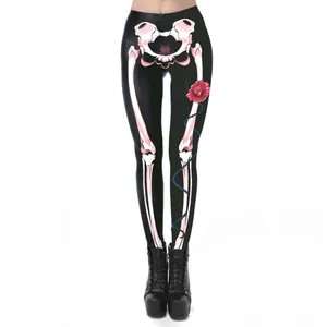 Leggings neri per Halloween con stampa a scheletro e rosa rossa, vestibilità slim