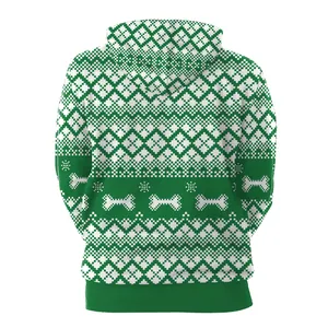 Vue arrière du sweat à capuche de Noël avec motif chien 3D, flocons et os verts