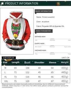Size chart table for the Christmas themed digital print oversized hooded sweatshirt for women