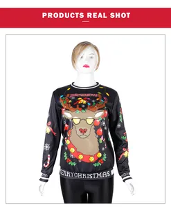 Close-up of reindeer digital print and Merry Christmas text on black crewneck sweatshirt