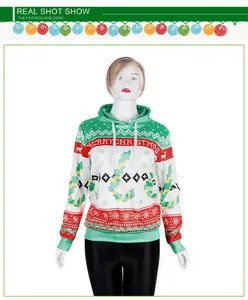 Close-up of 3D Christmas hoodie with Merry Christmas text and snowflake patterns
