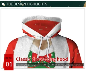 Detail of a Christmas hoodie featuring a white drawstring hood and 3D bow print design